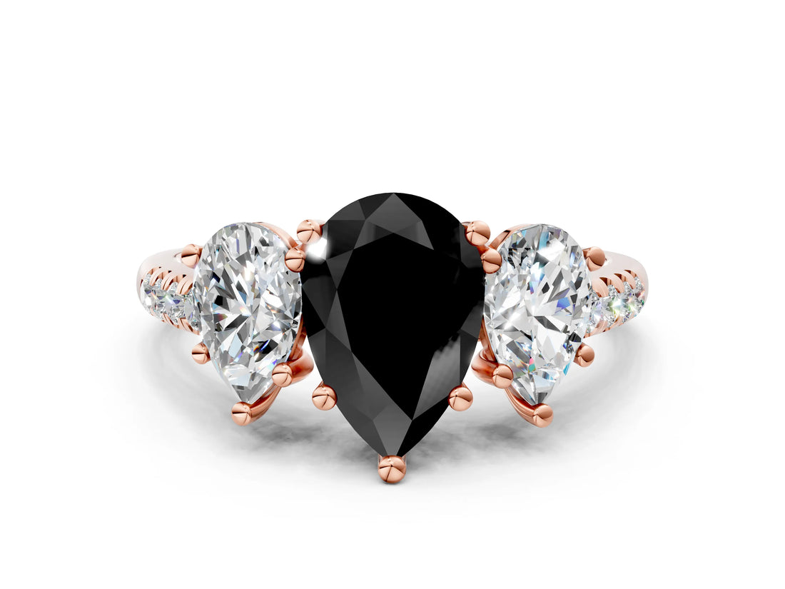 Rose gold Three-Stone Fancy Black Pear Cut Diamond Ring with Pavé Band and Prong Setting_24