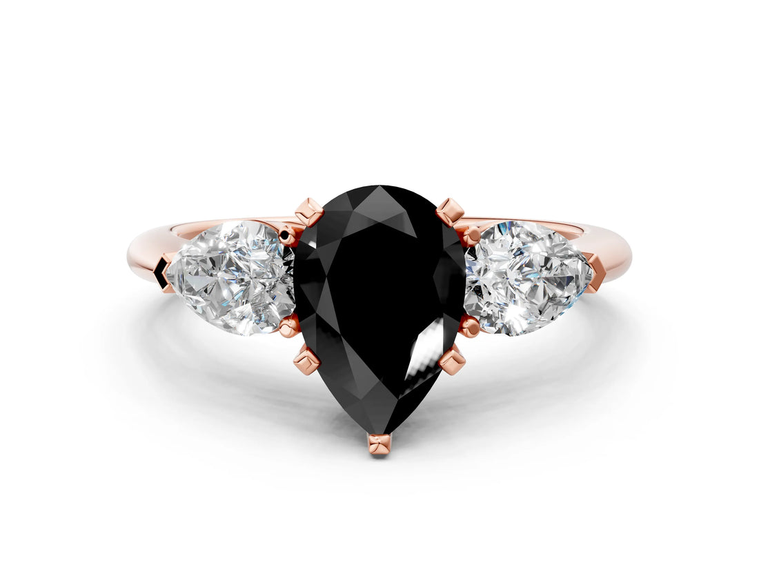Rose gold Three-Stone Fancy Black Pear Cut Diamond Ring with Pear Side Stones and Four-Prong Setting