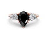 Rose gold Three-Stone Fancy Black Pear Cut Diamond Ring with Pear Side Stones and Four-Prong Setting