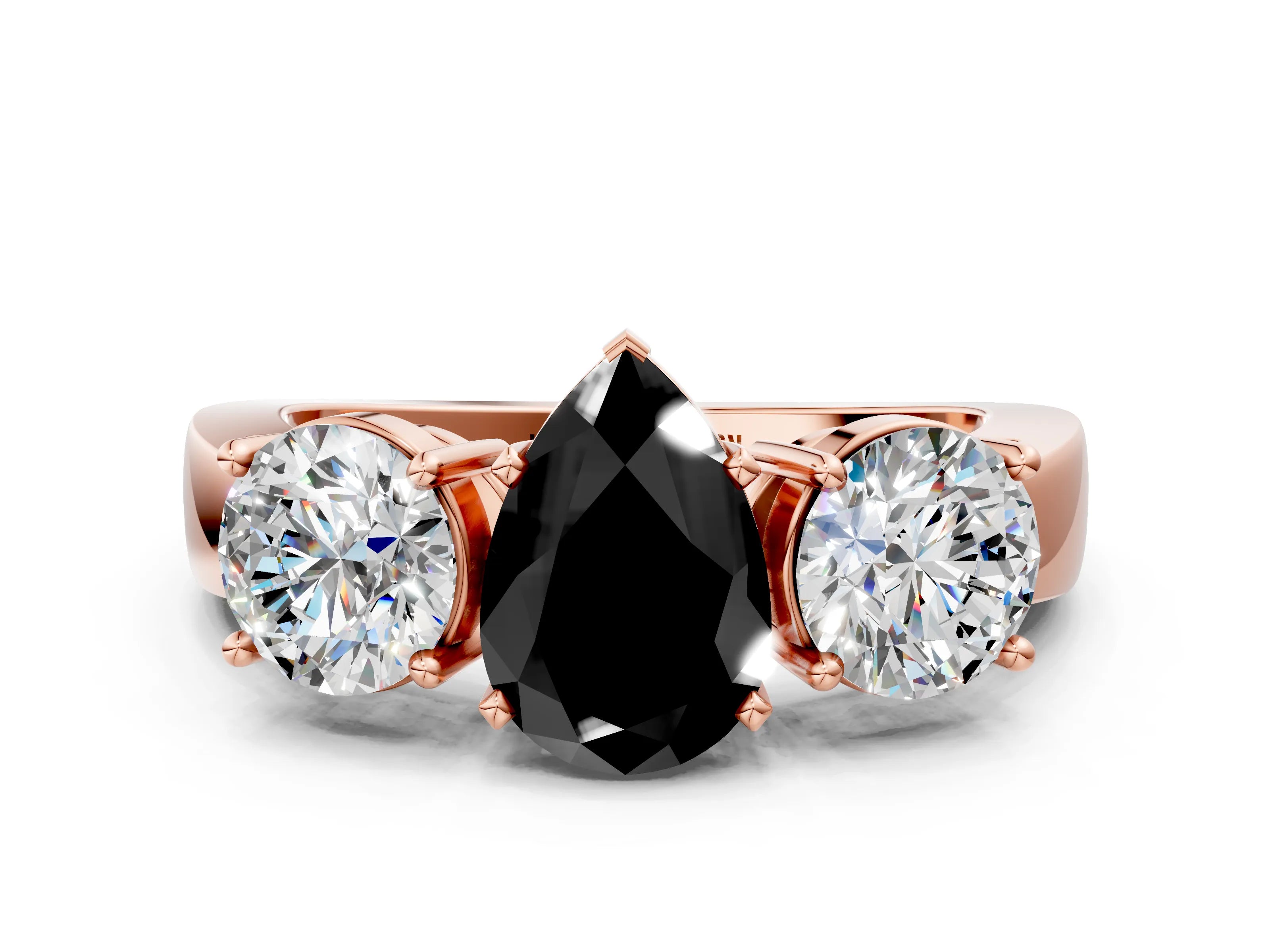 Rose gold Three-Stone Fancy Black Pear Cut Diamond Ring with Round Side Stones, Classic Band, and Four-Prong Setting