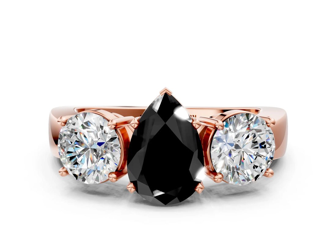 Rose gold Three-Stone Fancy Black Pear Cut Diamond Ring with Round Side Stones, Classic Band, and Four-Prong Setting