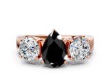 Rose gold Three-Stone Fancy Black Pear Cut Diamond Ring with Round Side Stones, Classic Band, and Four-Prong Setting