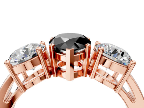 Rose gold Three-Stone Fancy Black Pear Cut Diamond Ring with Round Side Stones, Classic Band, and Four-Prong Setting_4
