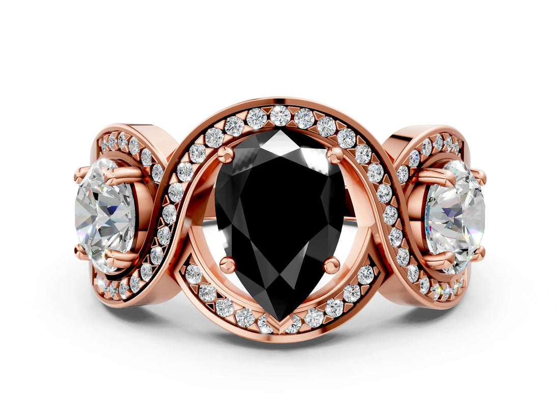 Rose gold Three-Stone Fancy Black Pear Cut Diamond Wave Pave Band with Prong Setting_18