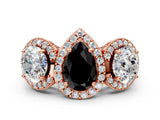 Rose gold Three-Stone Fancy Black Pear Cut Halo Diamond Milgrain Band with Four-Prong Setting