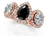 Rose gold Three-Stone Fancy Black Pear Cut Halo Diamond Milgrain Band with Four-Prong Setting_1