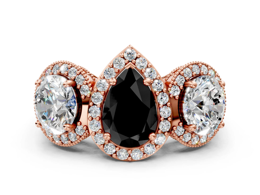 Rose gold Three-Stone Fancy Black Pear Cut Halo Diamond Milgrain Band with Four-Prong Setting_6
