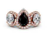 Rose gold Three-Stone Fancy Black Pear Cut Halo Diamond Milgrain Band with Four-Prong Setting_6