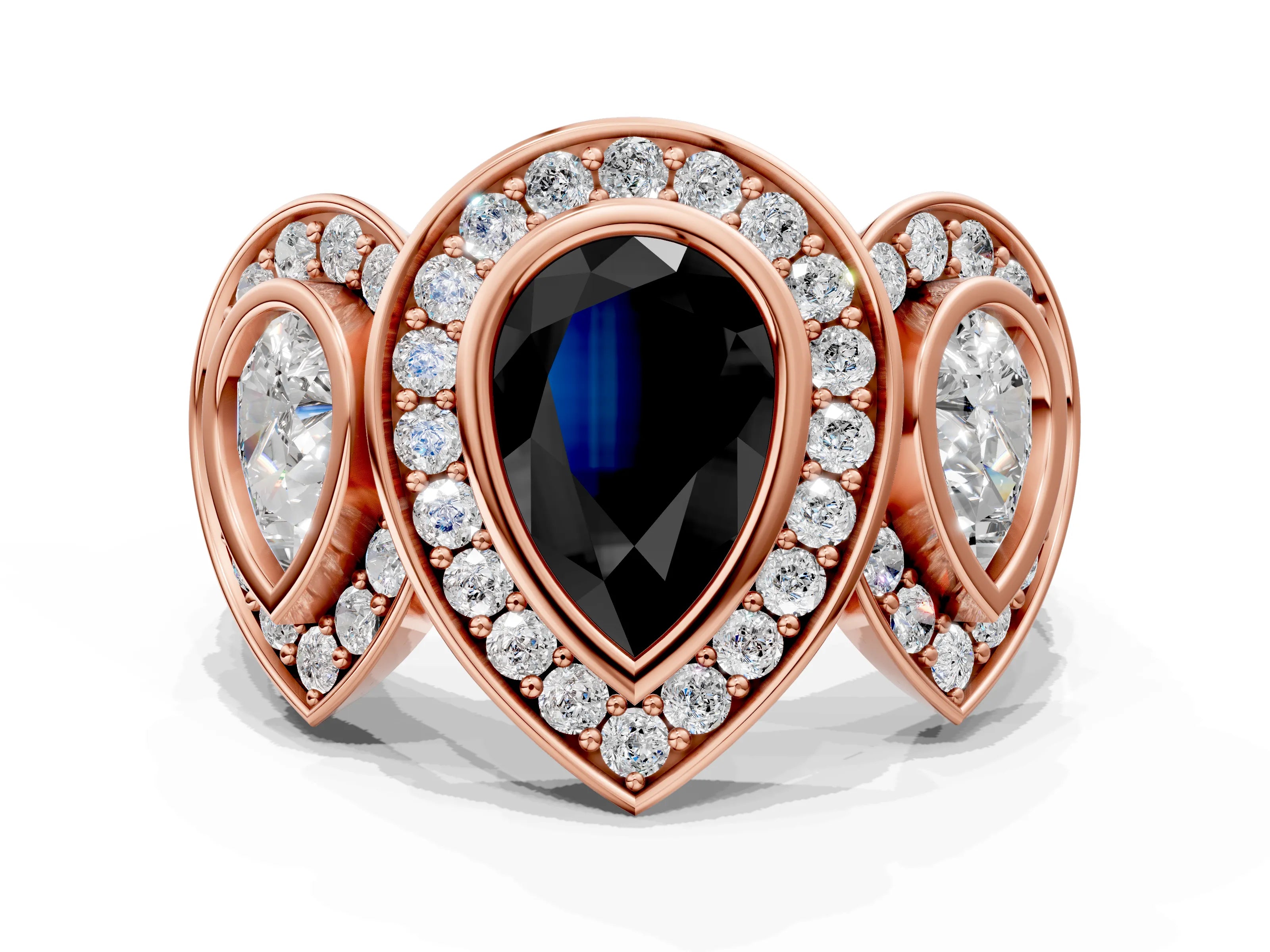 Rose gold Three-Stone Fancy Black Pear Cut Halo Pavé Diamond Ring