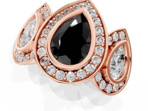 Rose gold Three-Stone Fancy Black Pear Cut Halo Pavé Diamond Ring_1