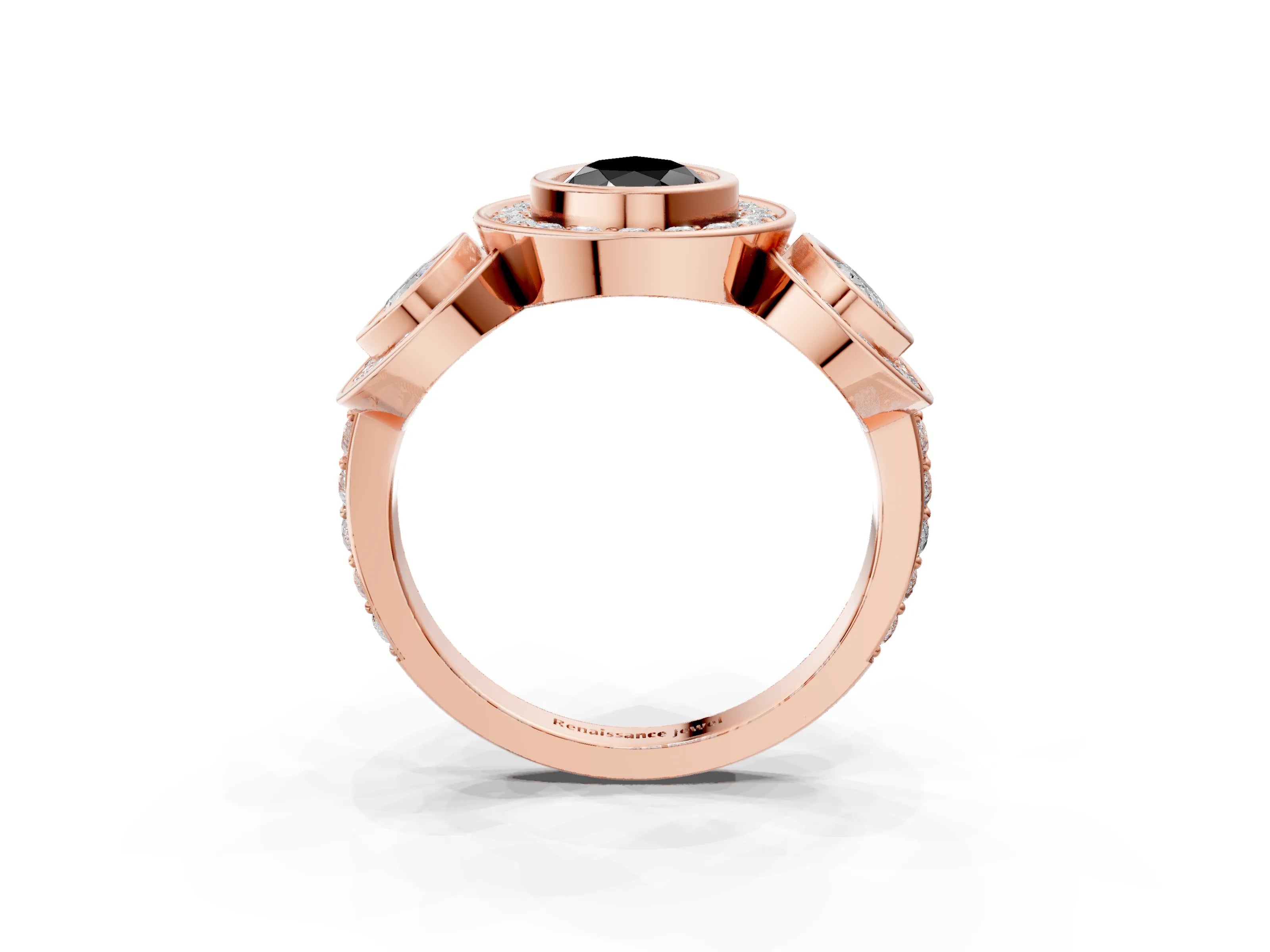 Rose gold Three-Stone Fancy Black Pear Cut Halo Pavé Diamond Ring_3