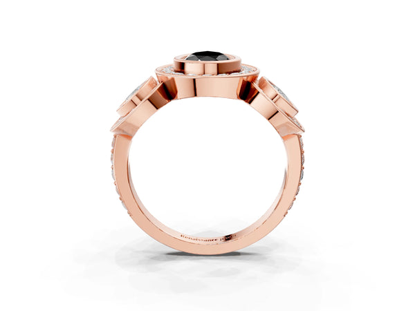 Rose Gold Pear-Shaped Bezel Three Stone Halo Engagement Ring Setting for Black Center