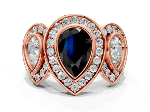 Rose gold Three-Stone Fancy Black Pear Cut Halo Pavé Diamond Ring
