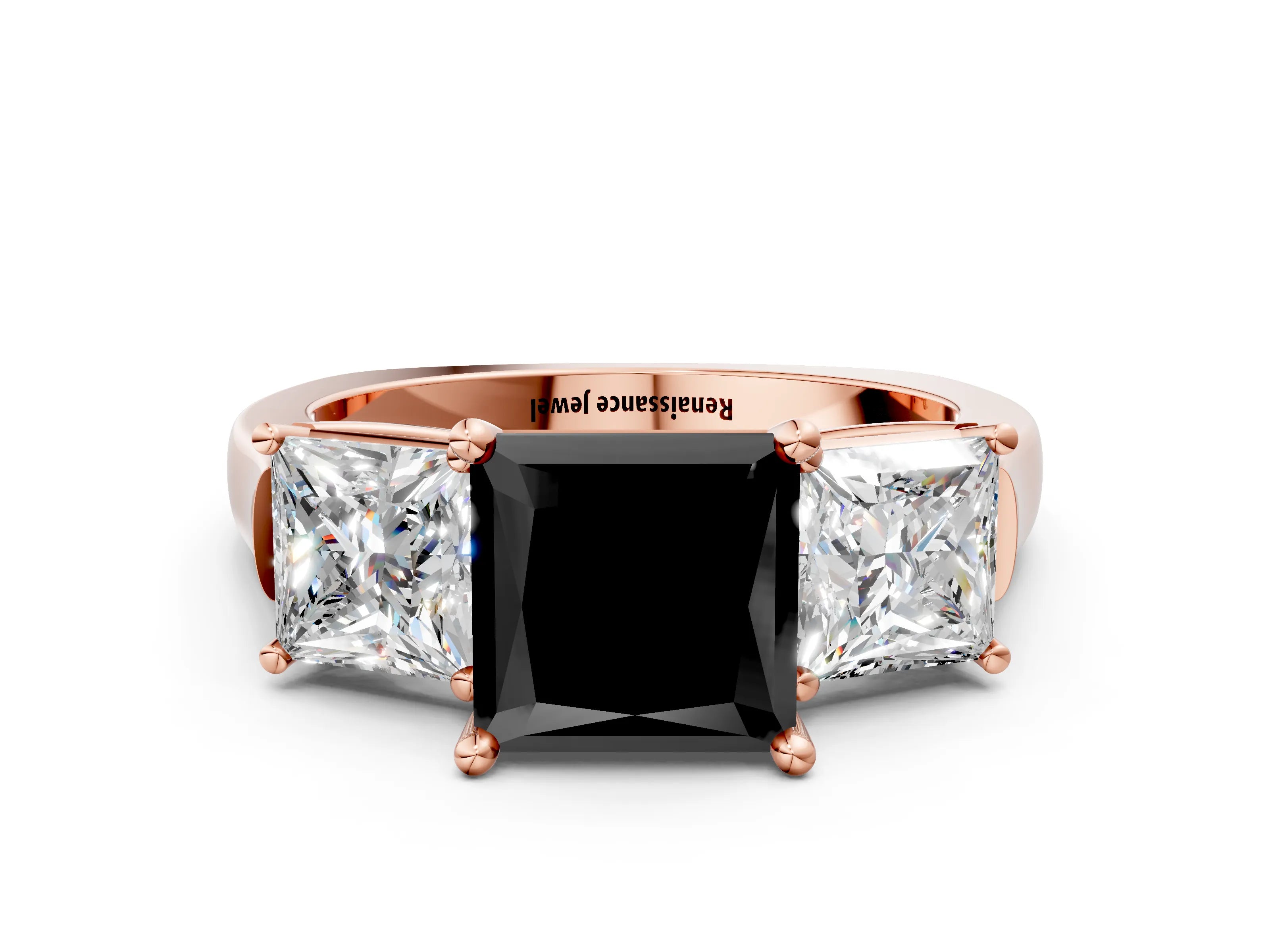 Rose gold Three-Stone Fancy Black Princess Cut Brilliant Diamond Trellis Ring with Comfort Fit Band