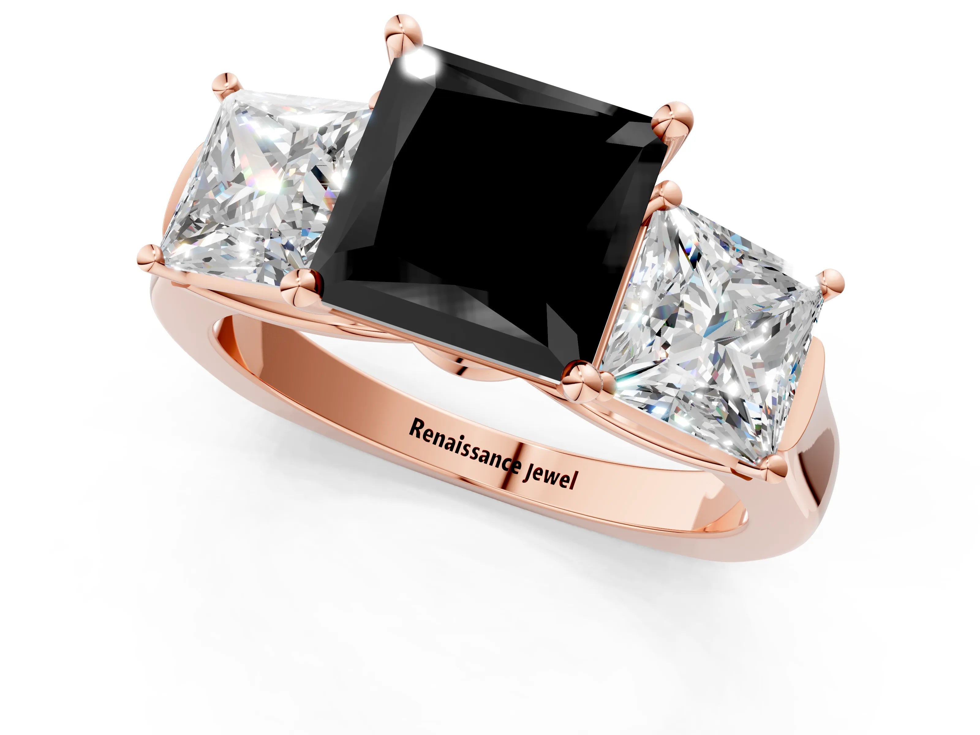 Rose gold Three-Stone Fancy Black Princess Cut Brilliant Diamond Trellis Ring with Comfort Fit Band_1
