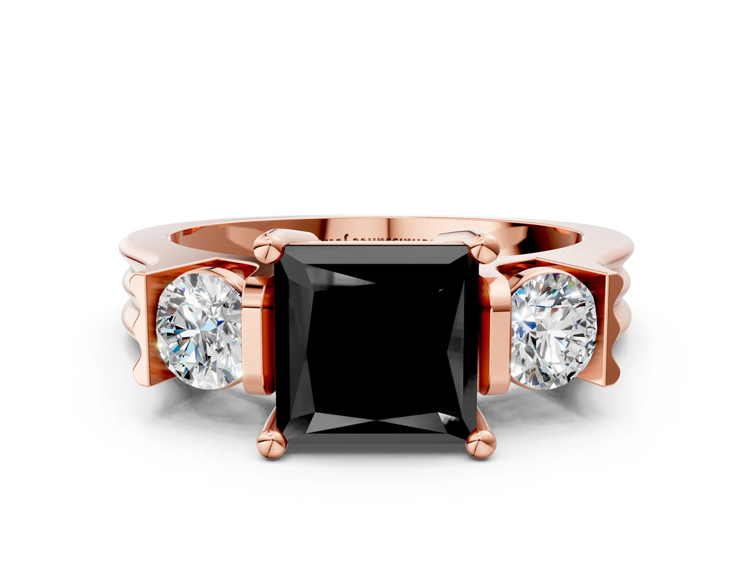 Rose gold Three-Stone Fancy Black Princess Cut Cut Classic Band Prong Setting Ring