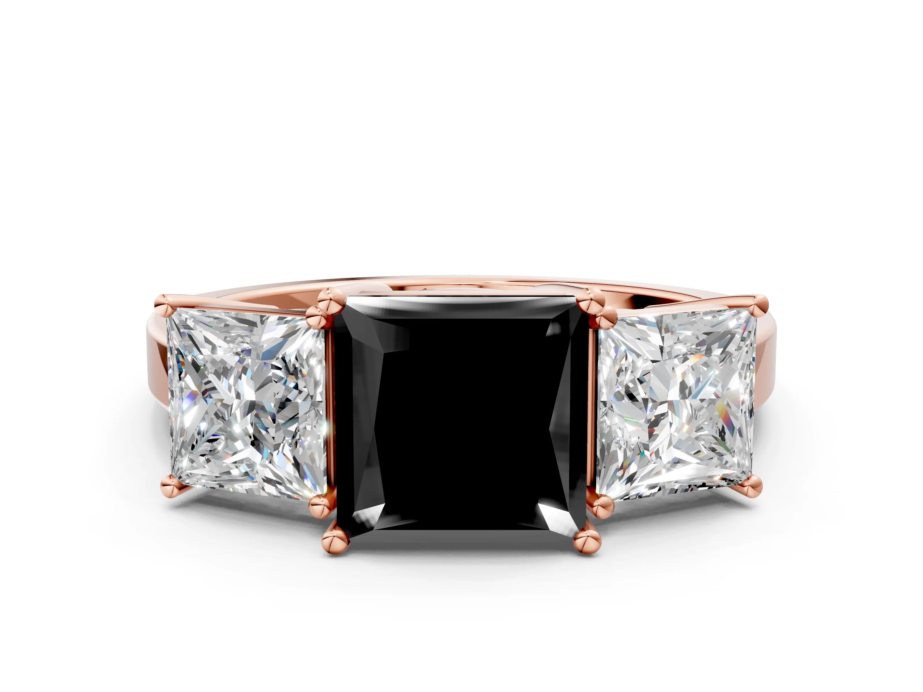 Rose gold Three-Stone Fancy Black Princess Cut Cut Diamond Engagement Ring with Flat Band and Four-Prong Setting_12