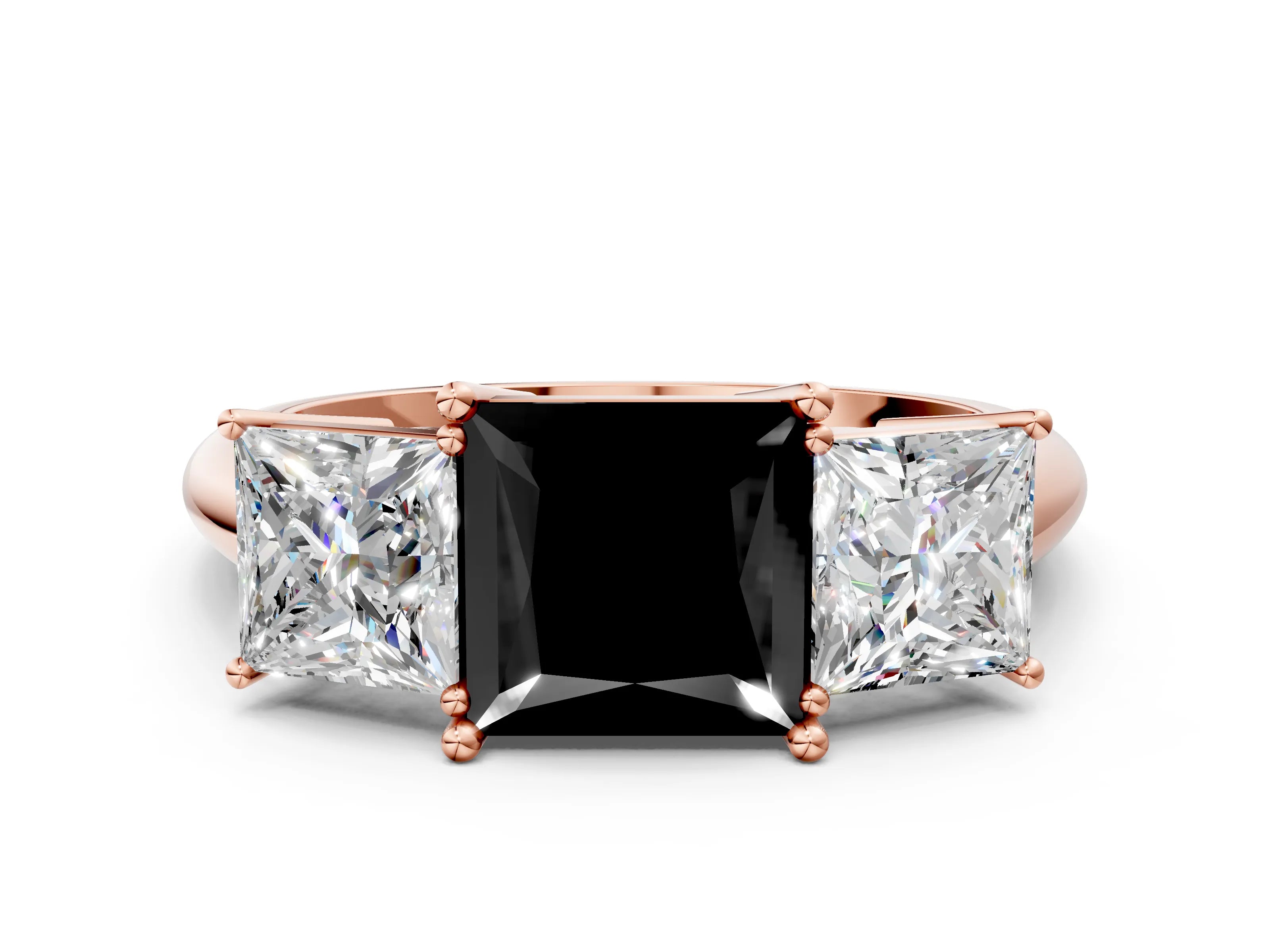 Rose gold Three-Stone Fancy Black Princess Cut Cut Diamond Engagement Ring with Prong Setting on a White Gold Band