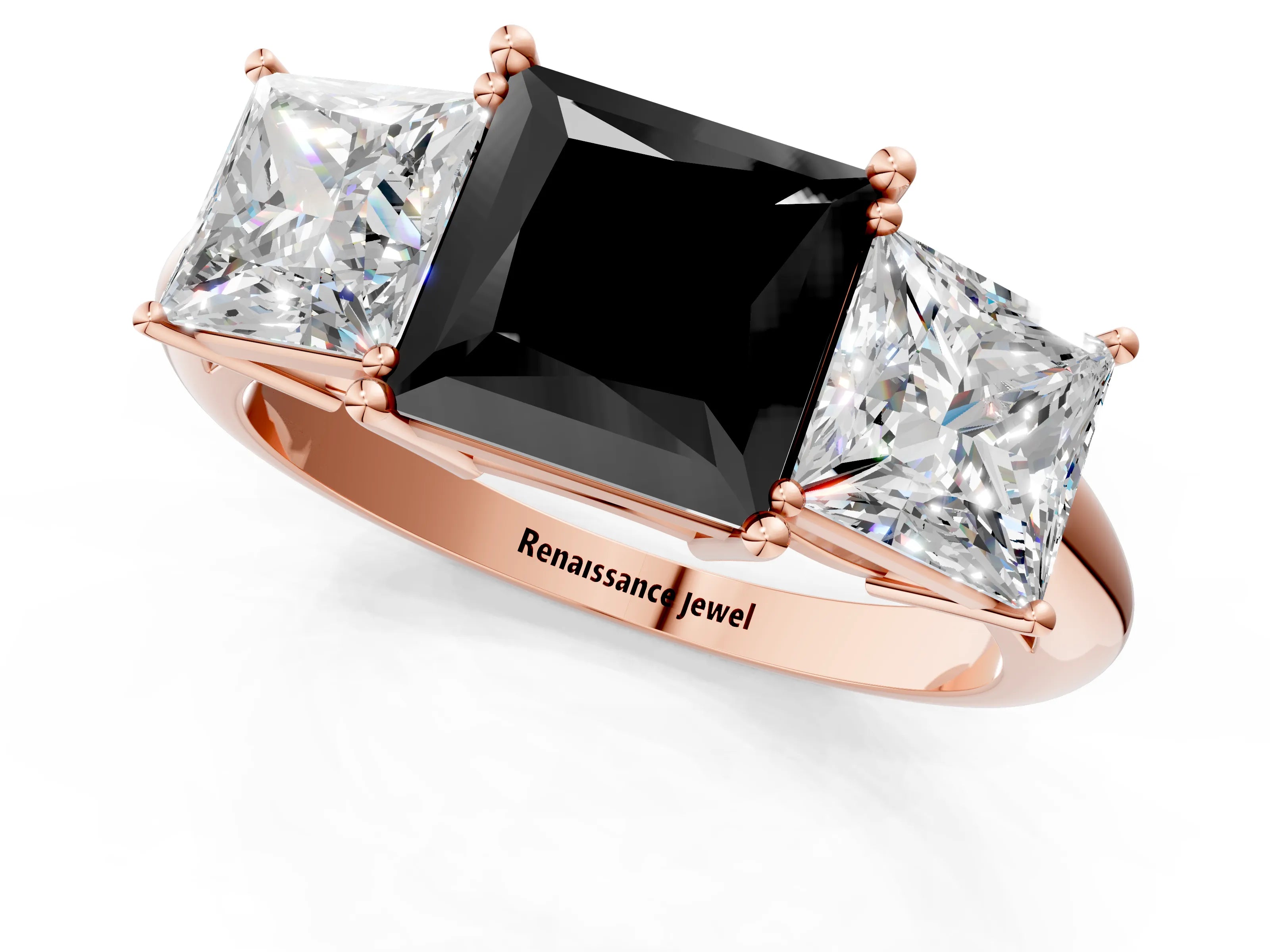 Rose gold Three-Stone Fancy Black Princess Cut Cut Diamond Engagement Ring with Prong Setting on a White Gold Band_1