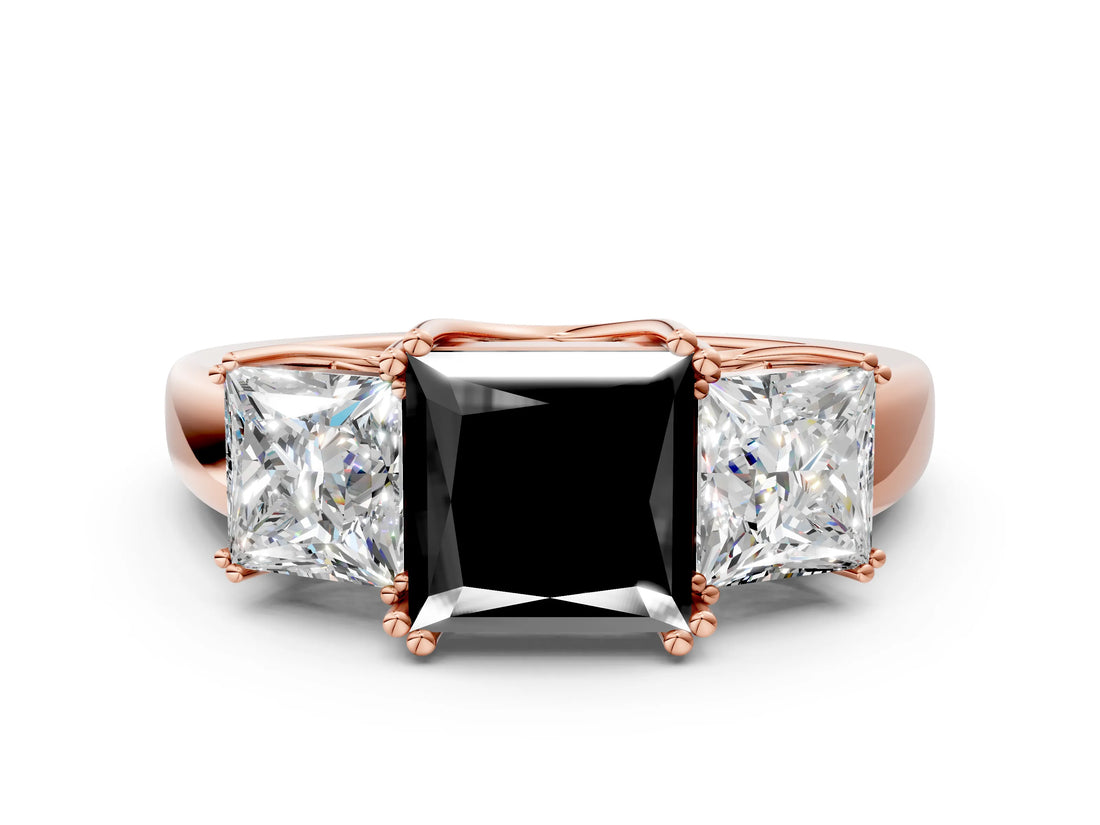 Rose gold Three-Stone Fancy Black Princess Cut Cut Diamond Ring with Channel Set Band and Four-Prong Setting