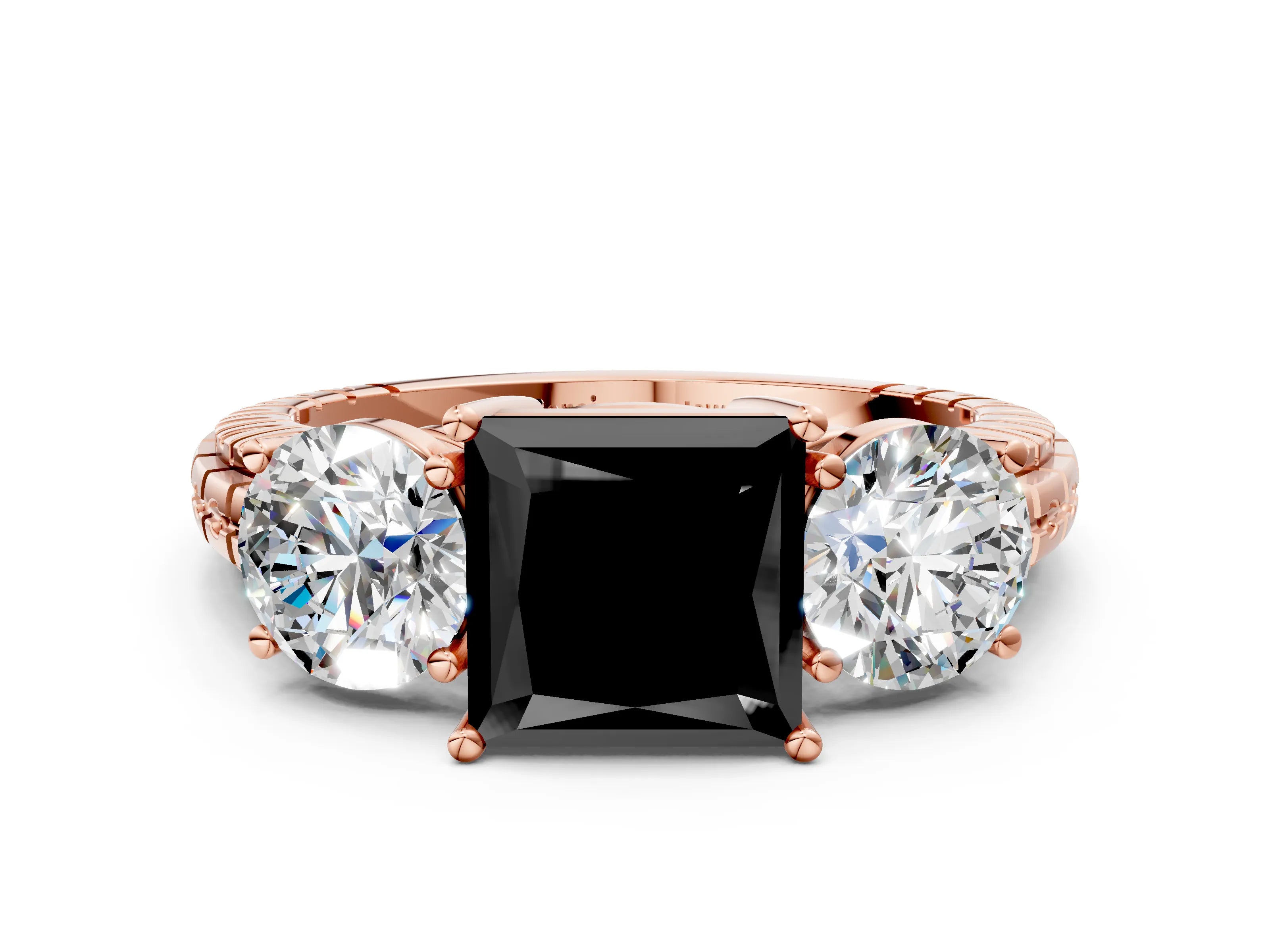 Rose gold Three-Stone Fancy Black Princess Cut Cut Diamond Ring with Channel-Set Band and Prong Setting