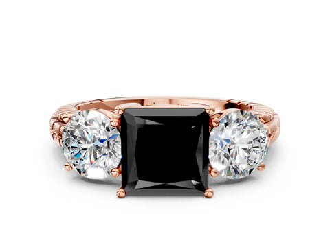 Rose gold Three-Stone Fancy Black Princess Cut Cut Diamond Ring with Channel-Set Band and Prong Setting