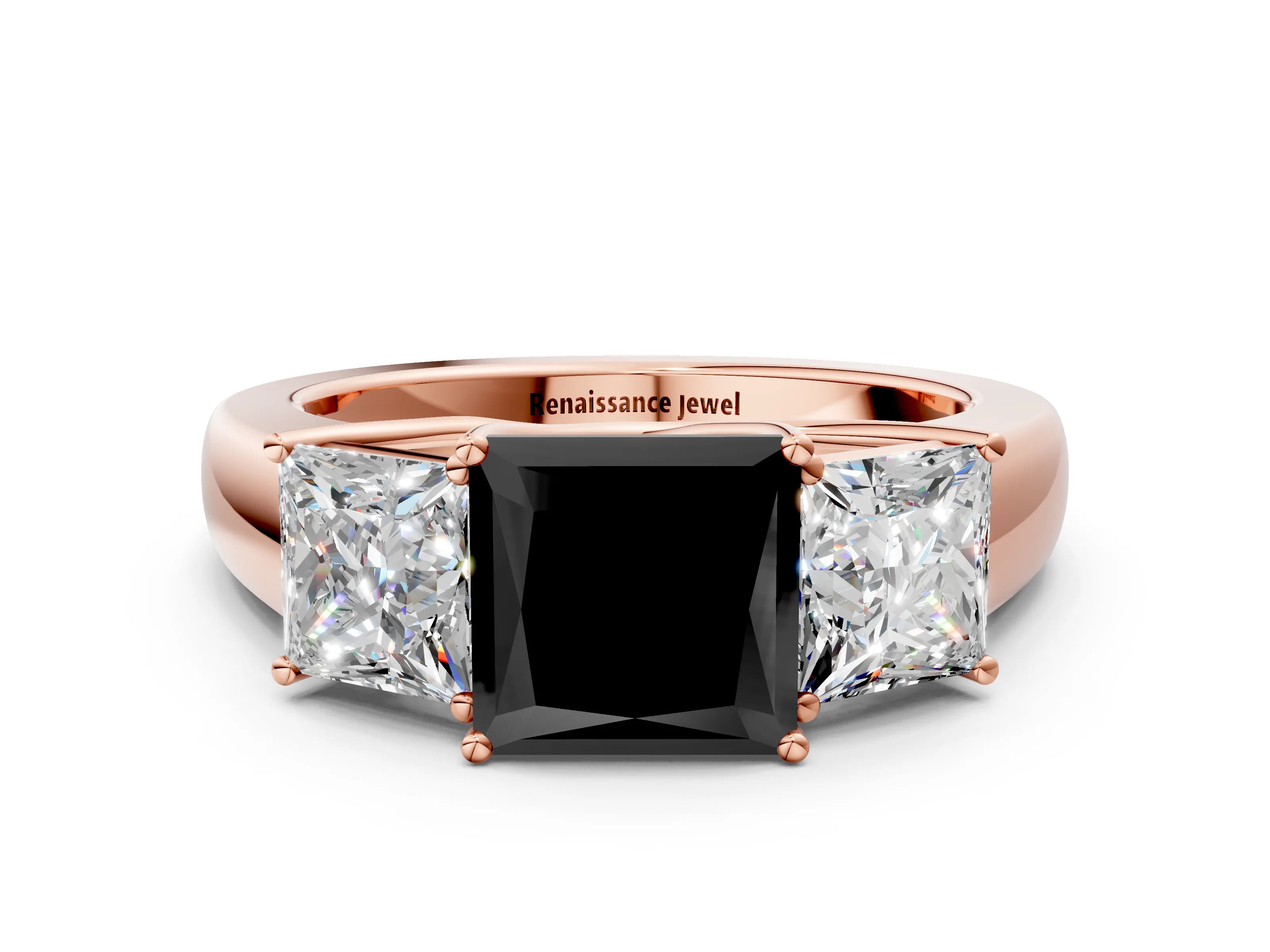 Rose gold Three-Stone Fancy Black Princess Cut Cut Diamond Ring with Prong Setting and Classic Band