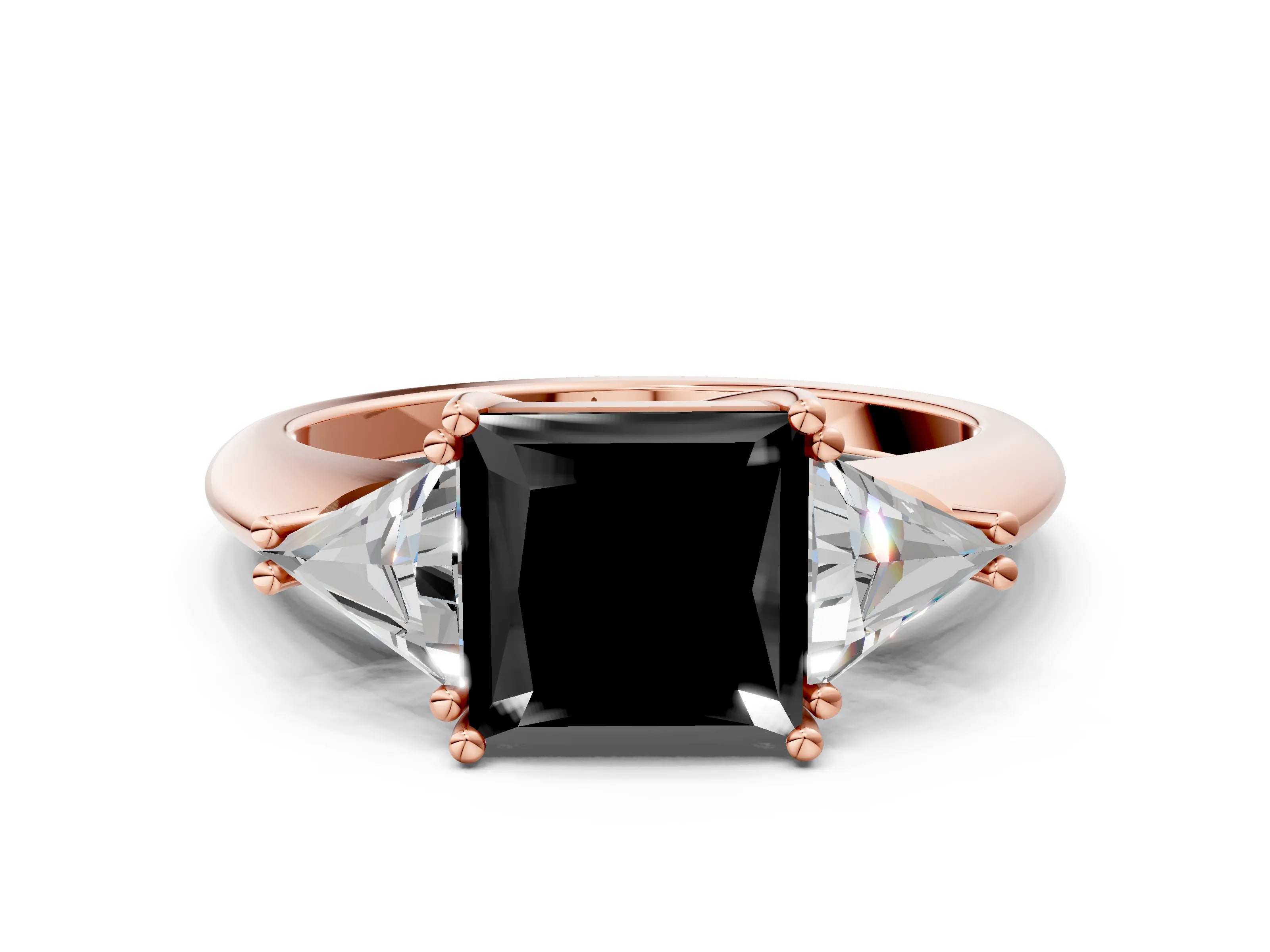 Rose gold Three-Stone Fancy Black Princess Cut Cut Diamond Ring with Trillion Side Stones and Four-Prong Setting_3