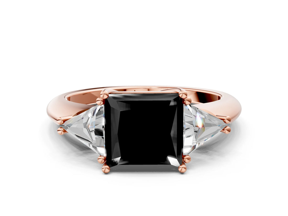 Rose gold Three-Stone Fancy Black Princess Cut Cut Diamond Ring with Trillion Side Stones and Four-Prong Setting_3