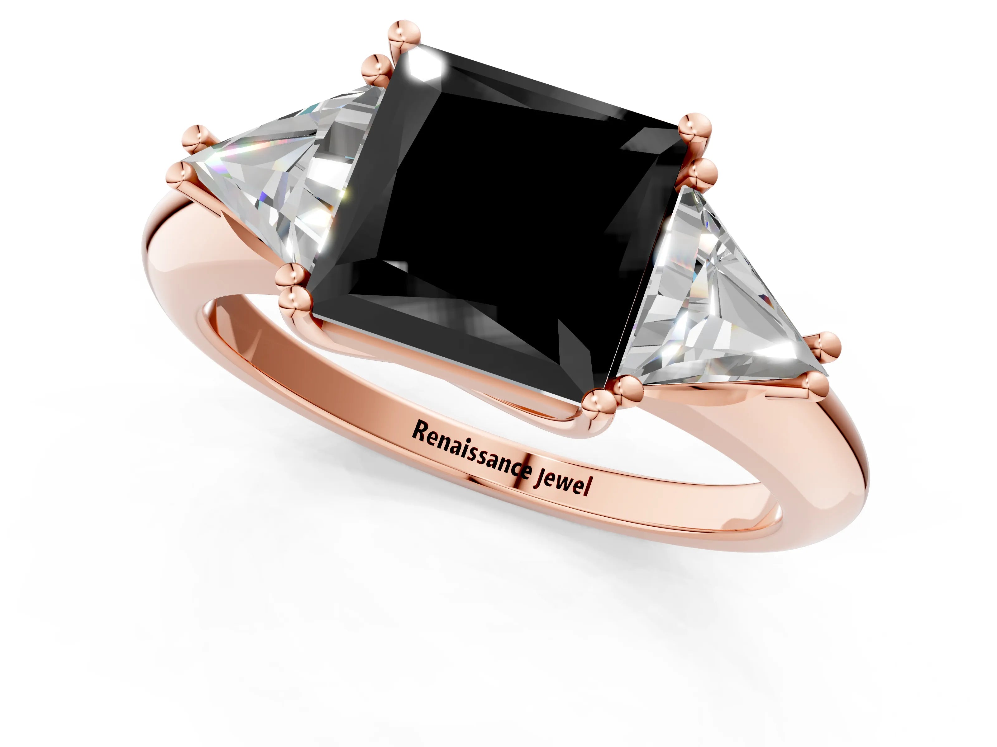 Rose gold Three-Stone Fancy Black Princess Cut Cut Diamond Ring with Trillion Side Stones and Four-Prong Setting_4