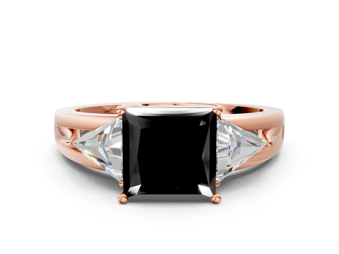 Rose gold Three-Stone Fancy Black Princess Cut Cut Diamond Ring with Trillion Side Stones on a Split Shank Band