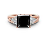 Rose gold Three-Stone Fancy Black Princess Cut Cut Diamond Ring with Trillion Side Stones on a Split Shank Band