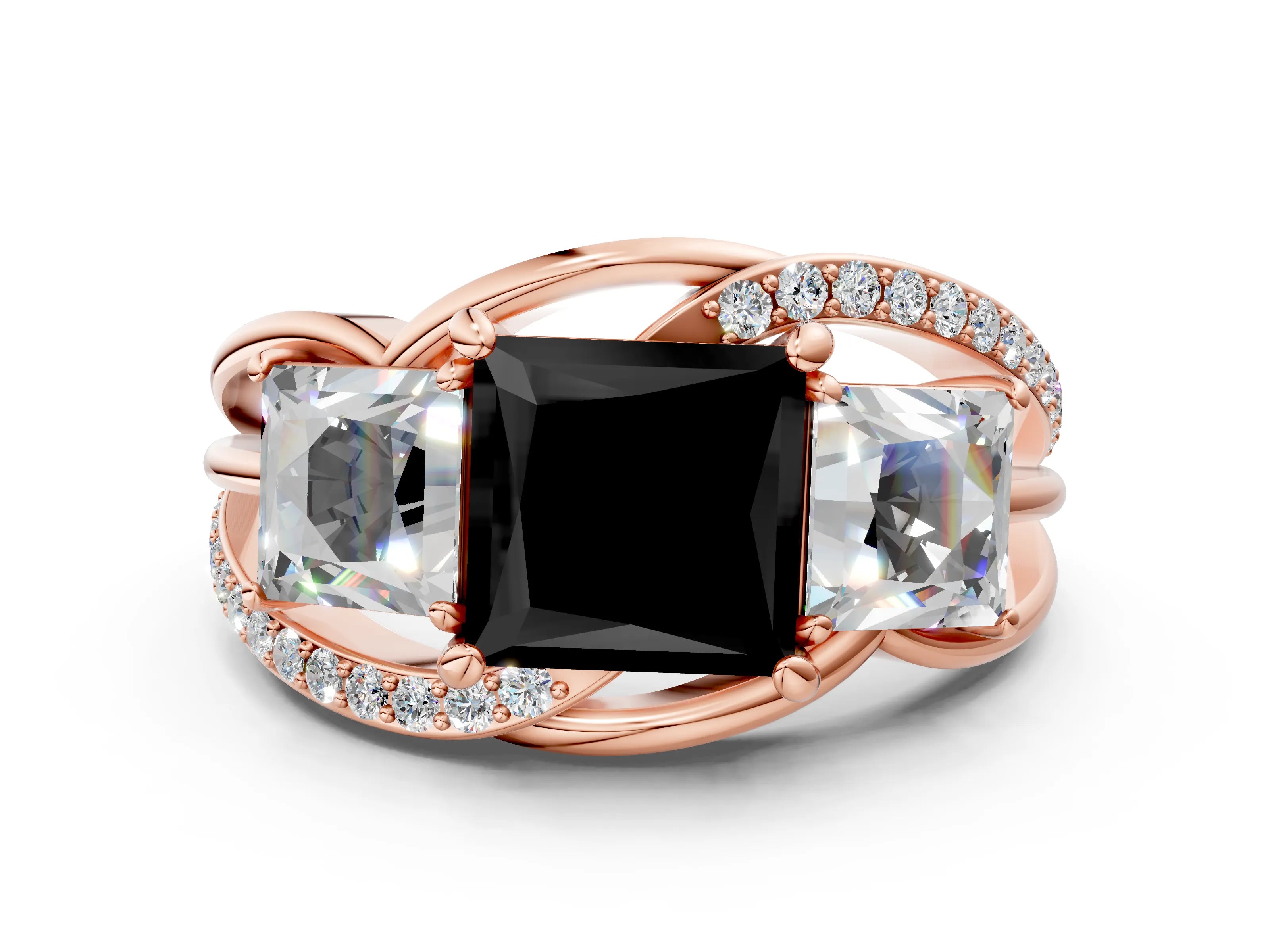 Rose gold Three-Stone Fancy Black Princess Cut Cut Diamond Split Shank Prong Set Ring_12