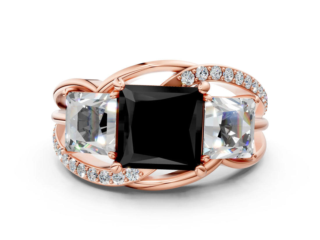 Rose gold Three-Stone Fancy Black Princess Cut Cut Diamond Split Shank Prong Set Ring_12
