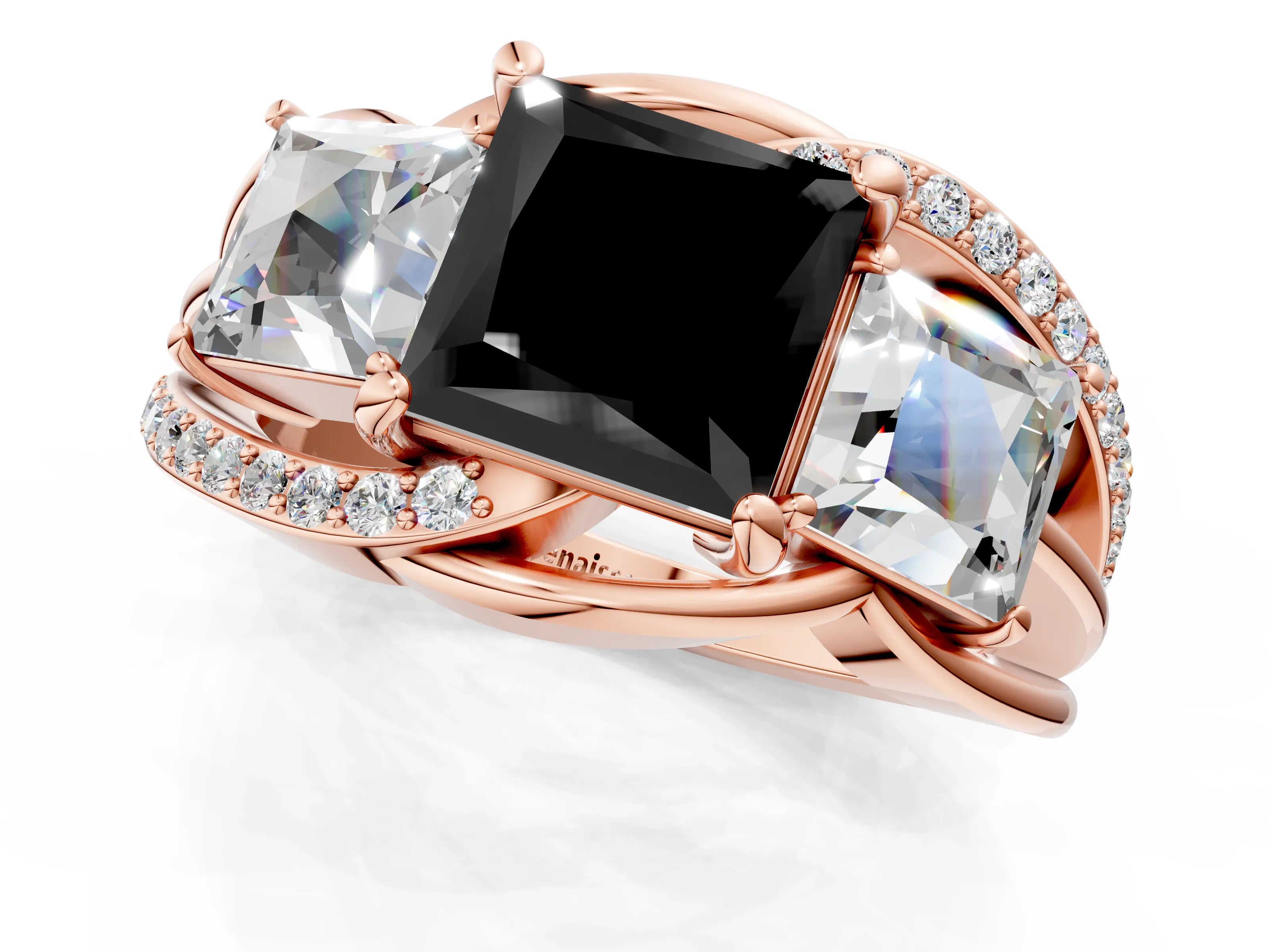 Rose gold Three-Stone Fancy Black Princess Cut Cut Diamond Split Shank Prong Set Ring_13