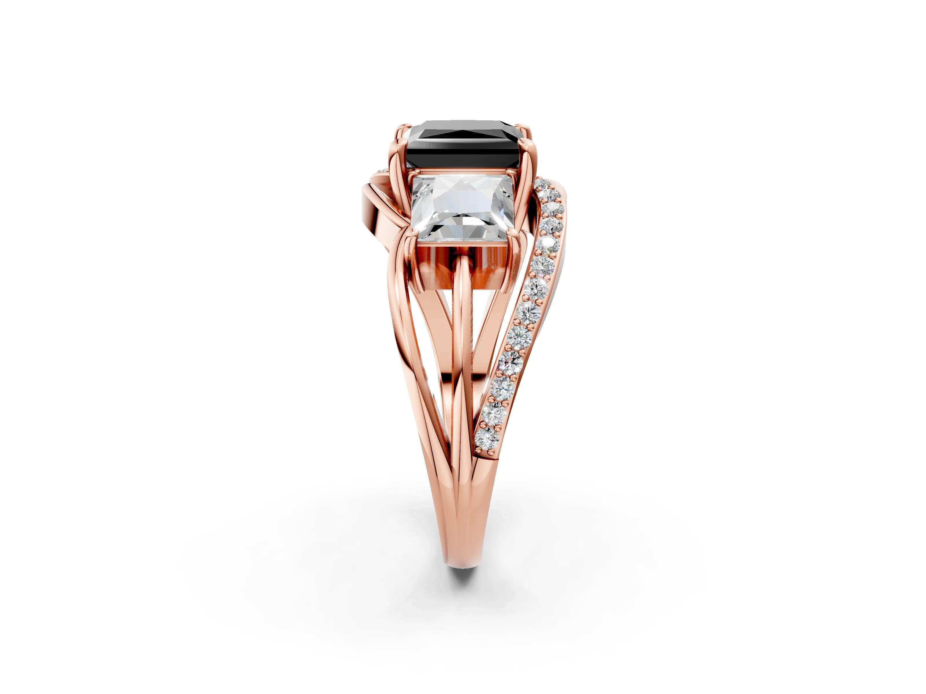 Rose gold Three-Stone Fancy Black Princess Cut Cut Diamond Split Shank Prong Set Ring_14