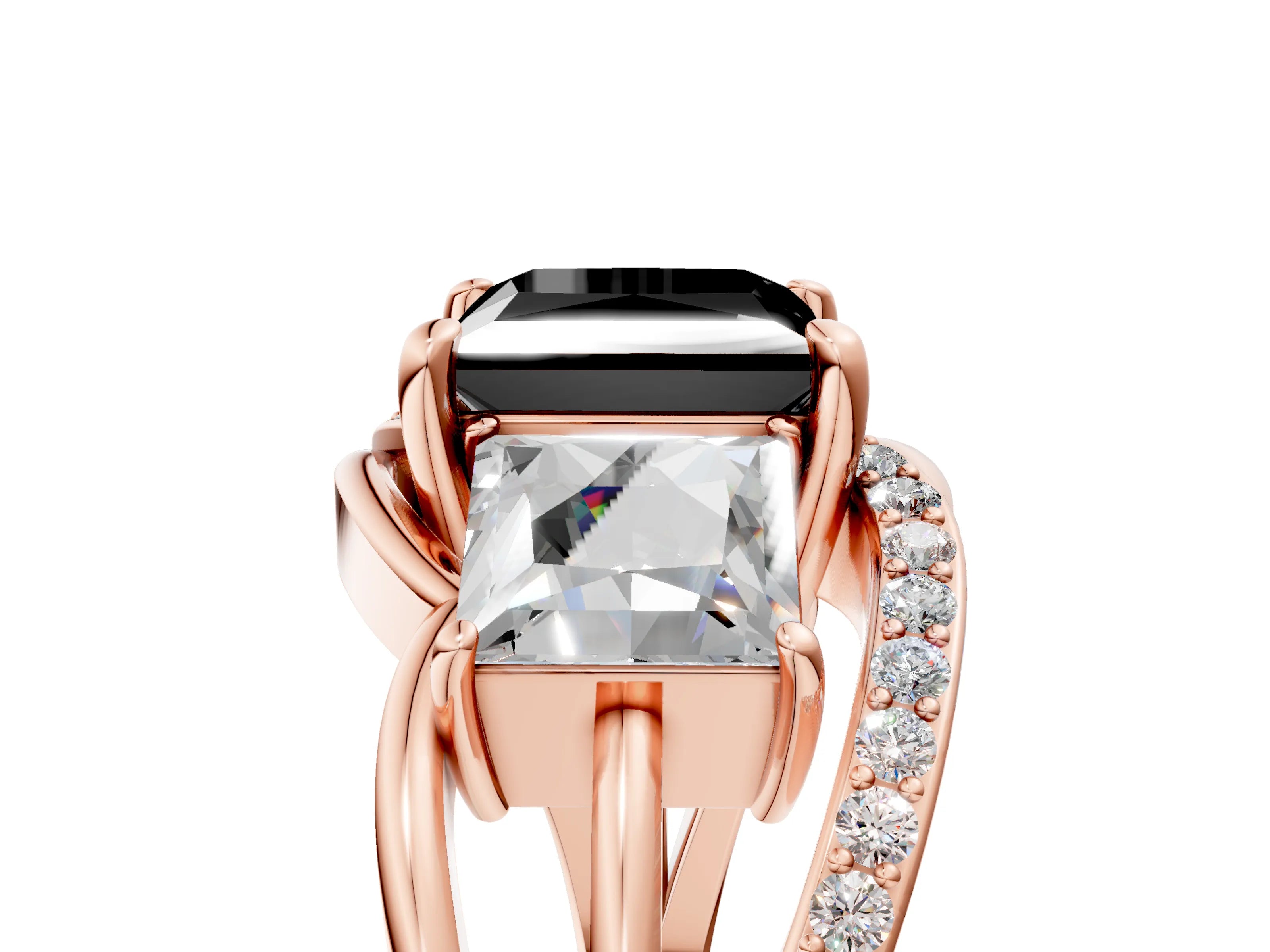 Rose gold Three-Stone Fancy Black Princess Cut Cut Diamond Split Shank Prong Set Ring_17