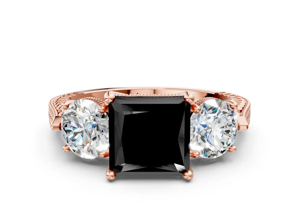 Rose Gold Princess Cut Vintage Three Stone Engagement Ring Setting for Black Center