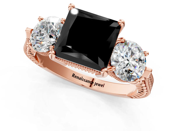 Rose Gold Princess Cut Vintage Three Stone Engagement Ring Setting for Black Center