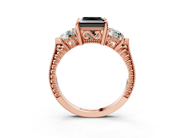 Rose Gold Princess Cut Vintage Three Stone Engagement Ring Setting for Black Center