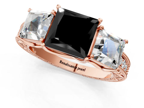 Rose gold Three-Stone Fancy Black Princess Cut Cut Milgrain Pavé Engagement Ring_1