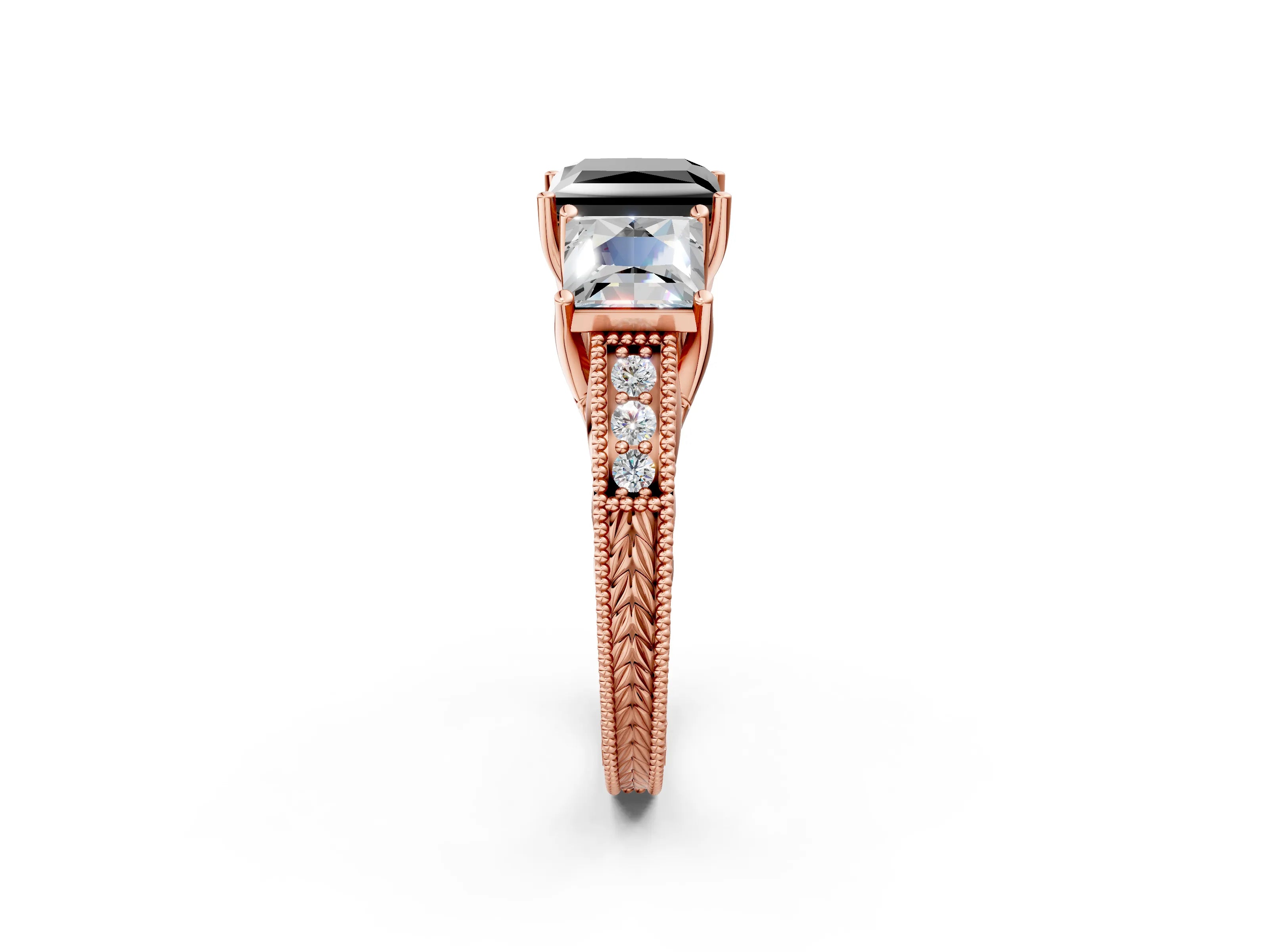 Rose gold Three-Stone Fancy Black Princess Cut Cut Milgrain Pavé Engagement Ring_2
