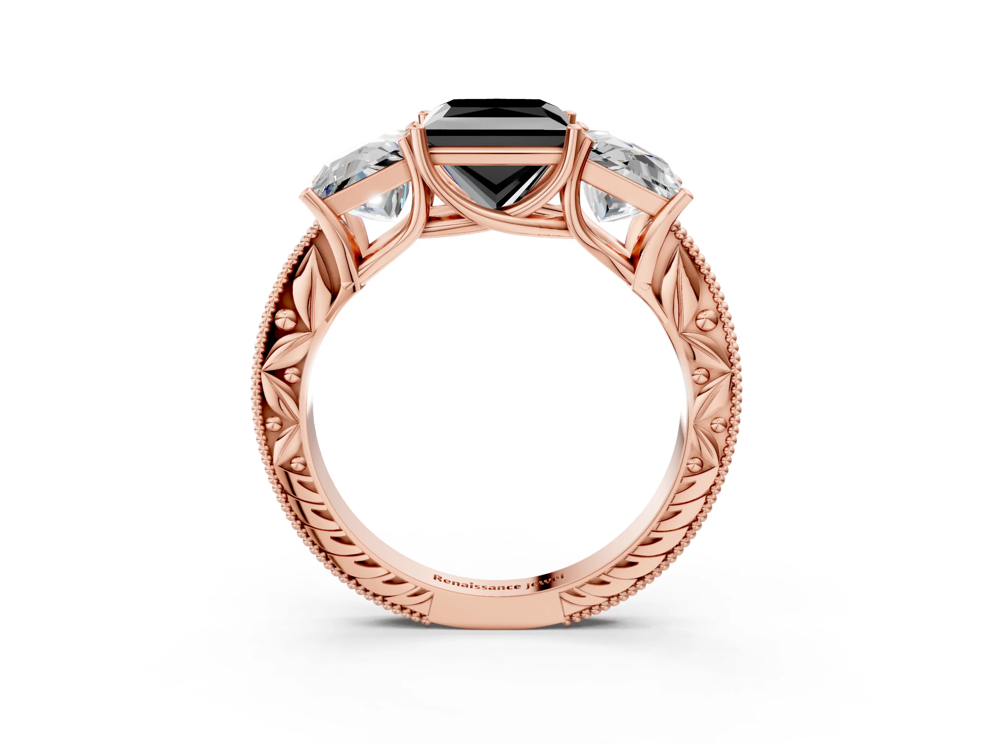 Rose gold Three-Stone Fancy Black Princess Cut Cut Milgrain Pavé Engagement Ring_3
