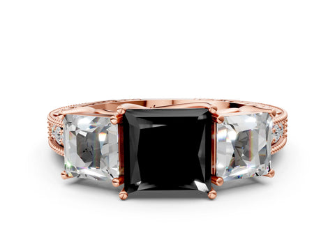 Rose gold Three-Stone Fancy Black Princess Cut Cut Milgrain Pavé Engagement Ring