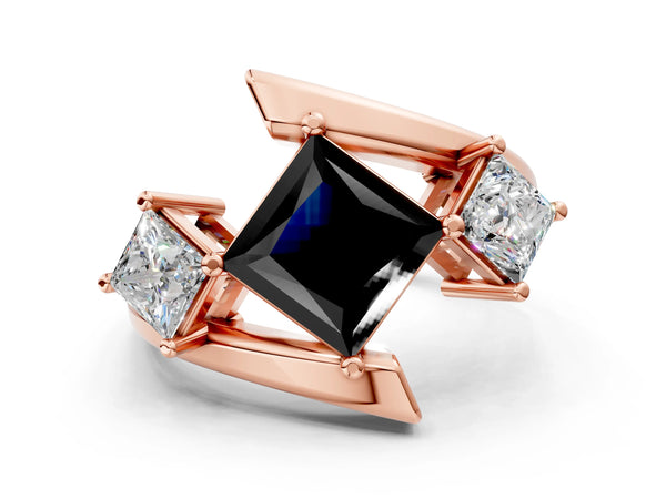 Rose gold Three-Stone Fancy Black Princess Cut Cut Tension Band Ring with Four-Prong Setting