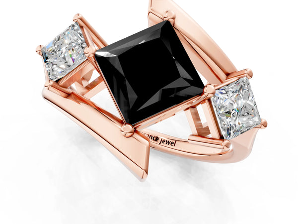 Rose gold Three-Stone Fancy Black Princess Cut Cut Tension Band Ring with Four-Prong Setting