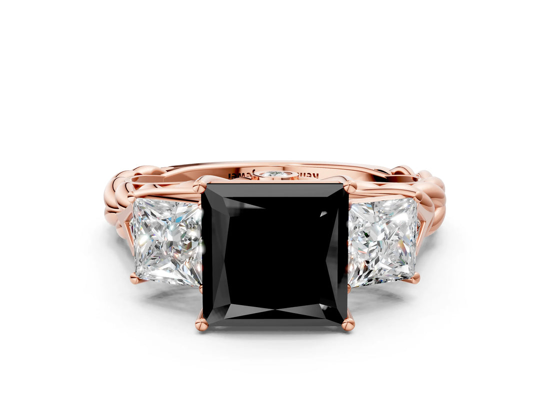 Rose gold Three-Stone Fancy Black Princess Cut Diamond Braided Band Ring with Four-Prong Setting_12