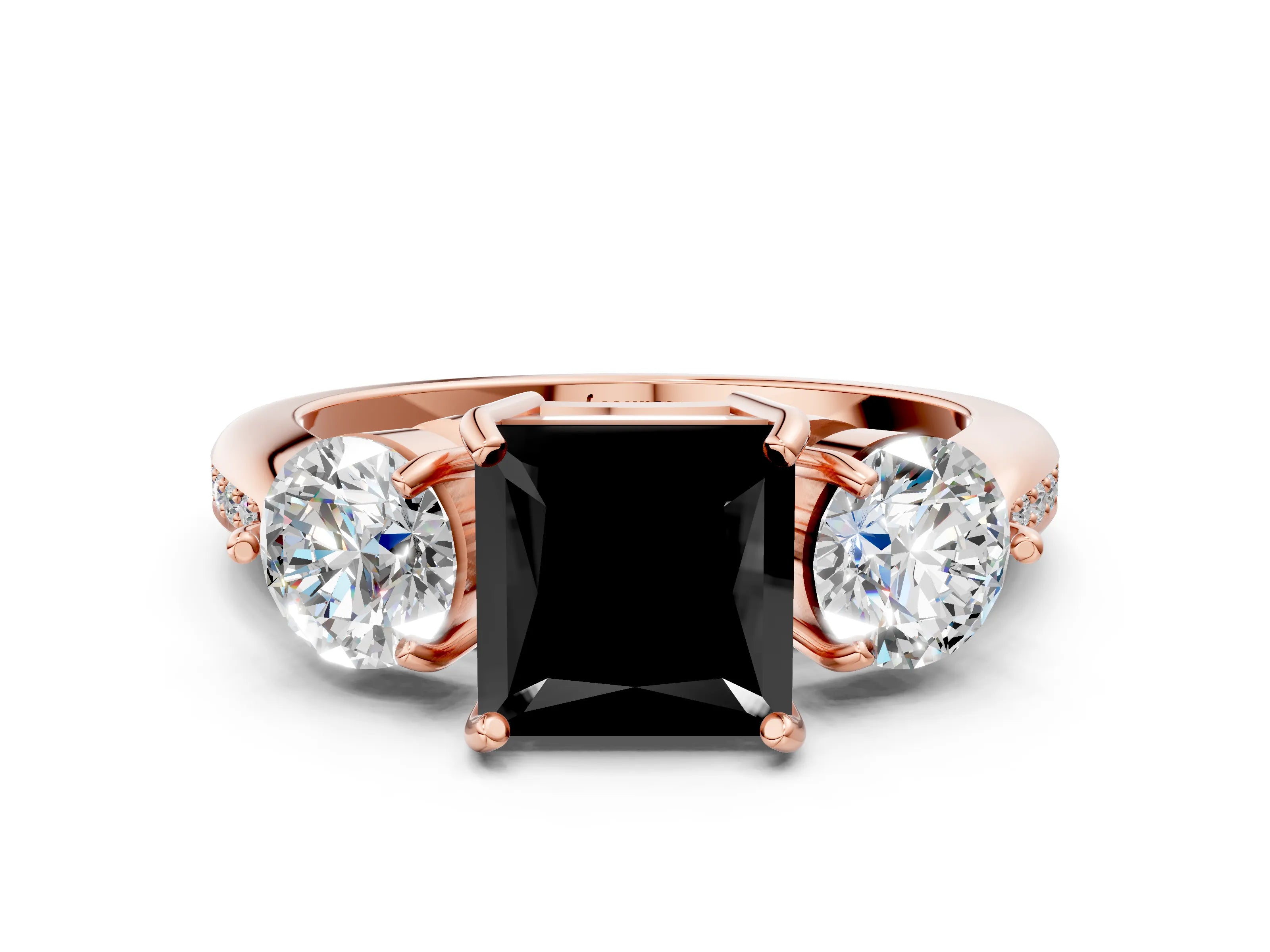 Rose gold Three-Stone Fancy Black Princess Cut Diamond Channel Set Engagement Ring with Prong Setting