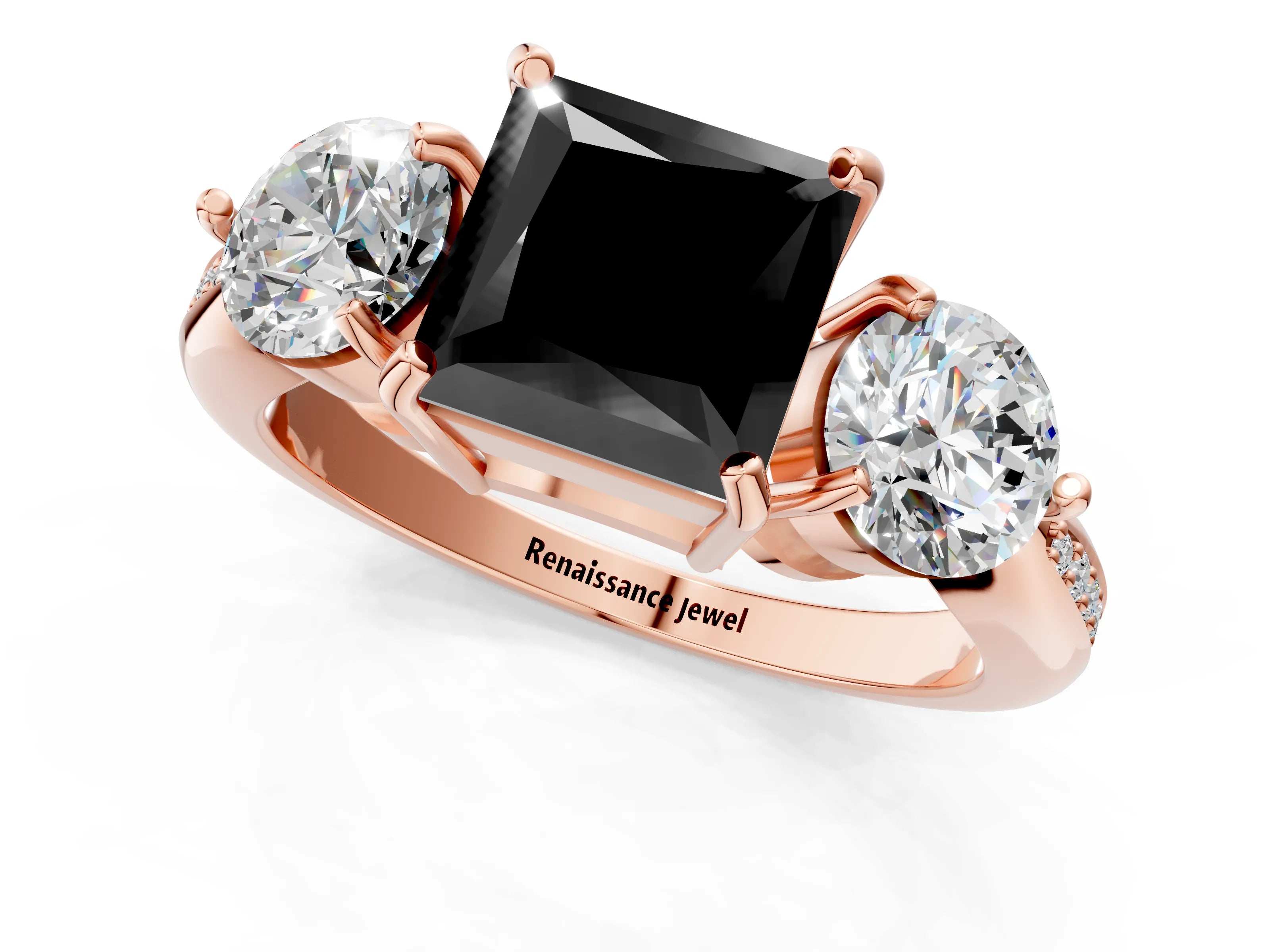 Rose gold Three-Stone Fancy Black Princess Cut Diamond Channel Set Engagement Ring with Prong Setting_1