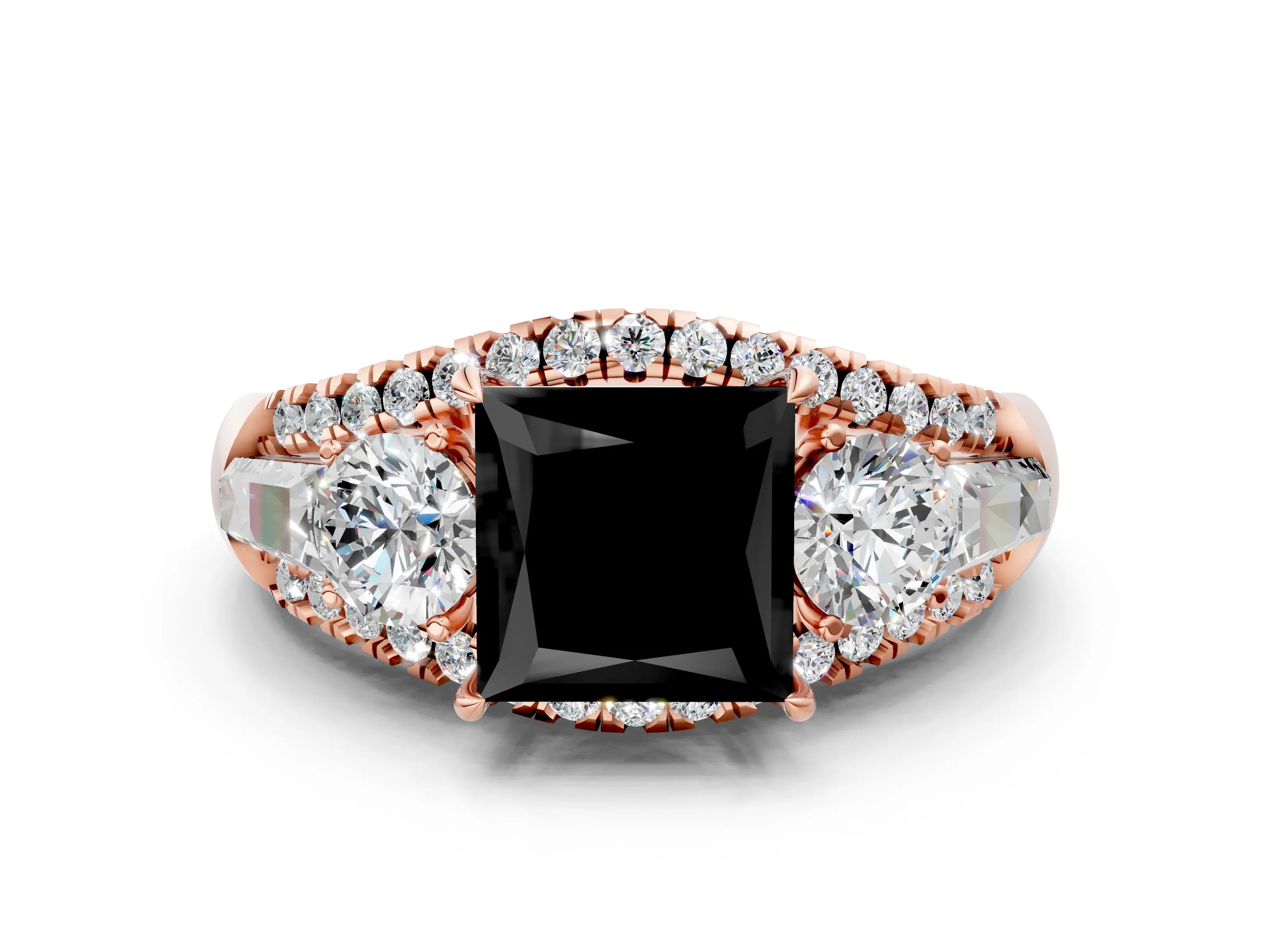 Rose gold Three-Stone Fancy Black Princess Cut Diamond Engagement Ring with Pave Band and Prong Setting